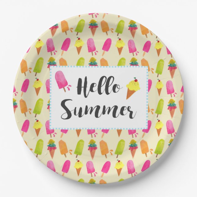 Hello Summer Popsicles and Ice Cream Paper Plates (Front)