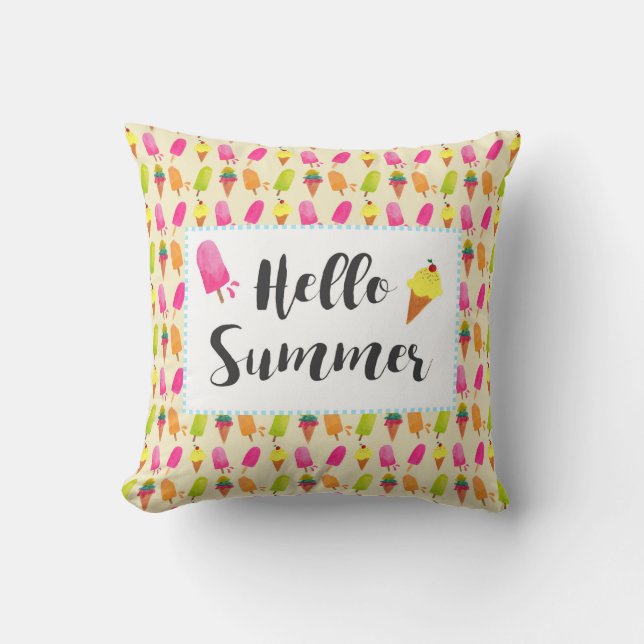 Hello Summer Popsicles and Ice Cream Throw Pillow (Front)