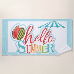 Hello Summer Quote Beach Umbrella Watermelon Blue Towel
