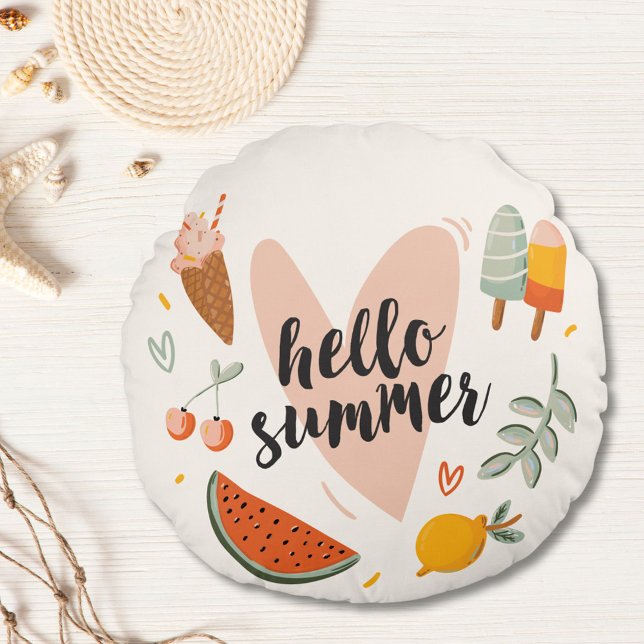 Hello Summer Quote Colorful Cute Nursery Kids Round Pillow (In situ)