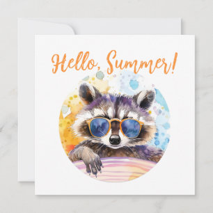 Hello Summer Raccoon in sunglasses Watercolor Invitation