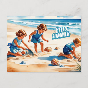 Hello Summer Retro Children Playing on a Beach Postcard