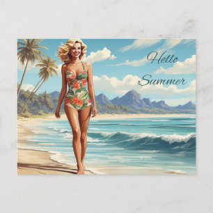 Hello Summer Retro Lady Walking on the Beach Postcard