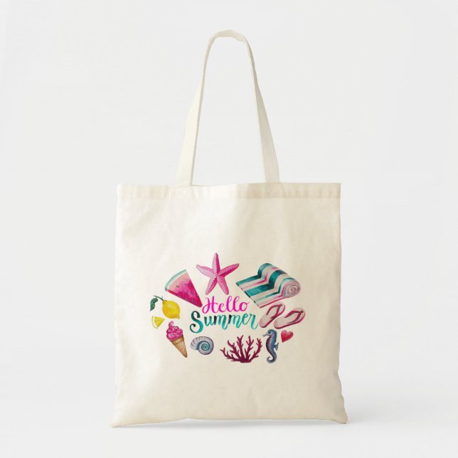 "Hello Summer" sea and summer watercolor Tote Bag (Front)