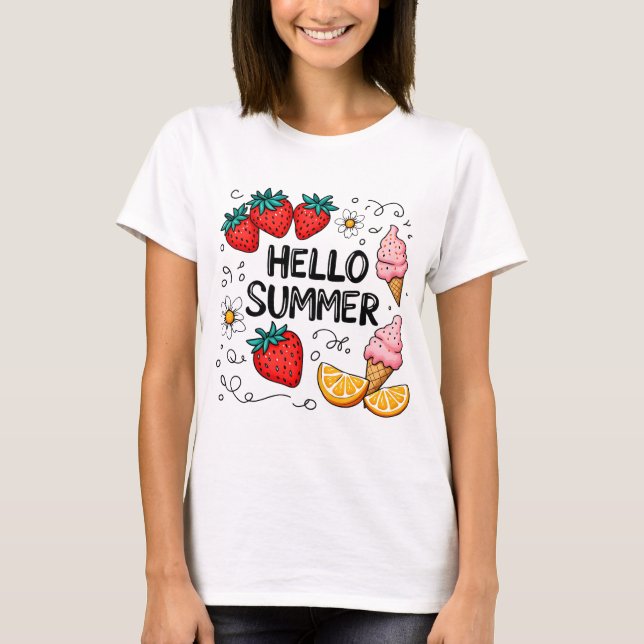 Hello Summer Shirt – Cute Strawberry and Ice Cream (Front)