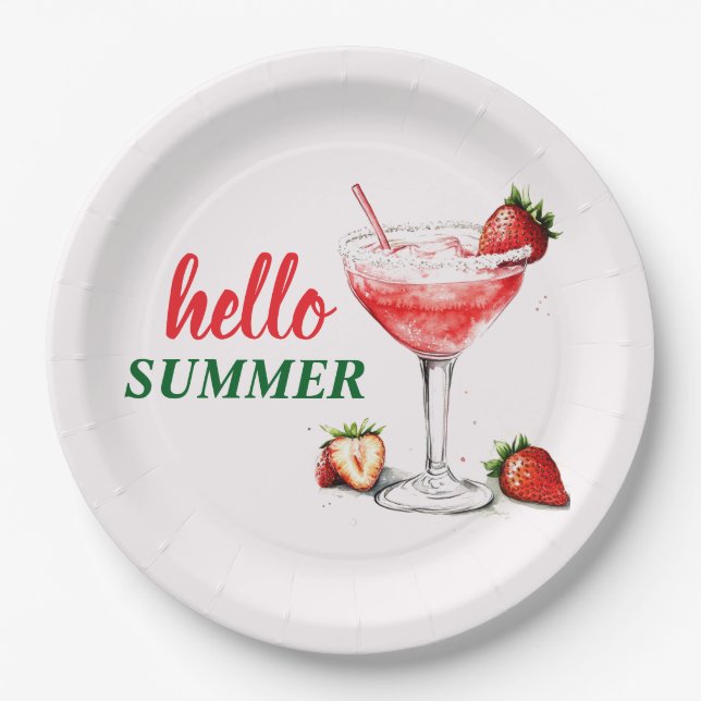 Hello Summer | Strawberry Cocktail Paper Plate (Front)