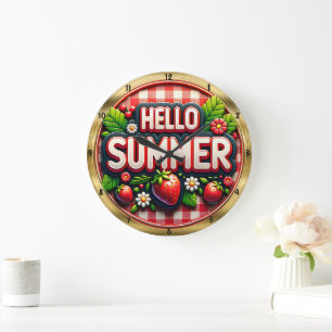 Hello Summer Strawberry Gingham Large Clock