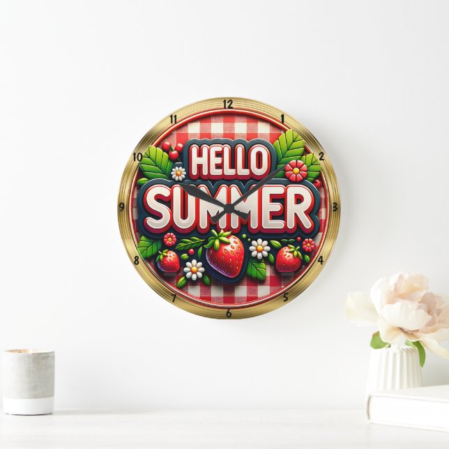 Hello Summer Strawberry Gingham  Large Clock (Home)