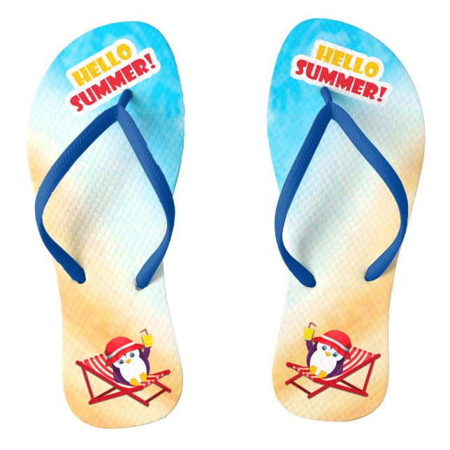 Hello Summer Sunbathing Penguin Flip Flops (Footbed)
