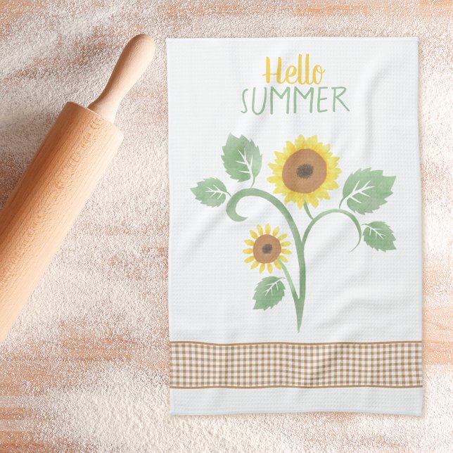 Hello Summer Sunflower Gingham Kitchen Towel (Creator Uploaded)