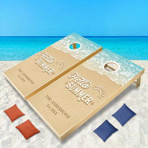 Hello Summer Sunshine Waves On Coast Beaches Cornhole Set