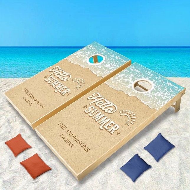 Hello Summer Sunshine Waves On Coast Beaches Cornhole Set (Creator Uploaded)