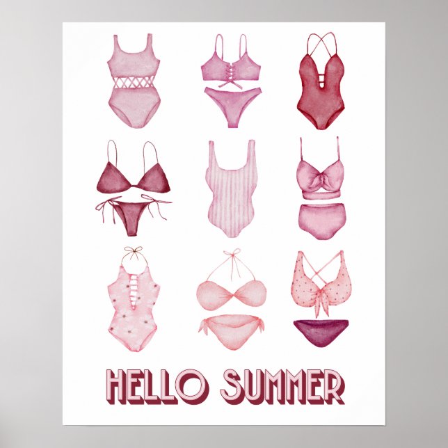 Hello Summer Swimsuits, Art Poster, Red/Pink Poster (Front)