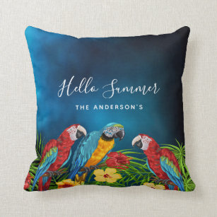 Hello Summer tropical blue sky parrots Throw Pillow