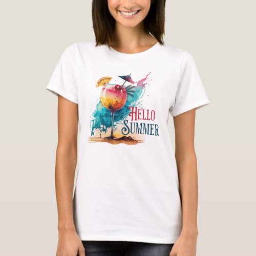 Hello Summer Tropical Drink with Umbrella T_Shirt