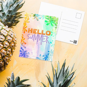 Hello Summer Tropical Exotic Pastel Watercolor Postcard