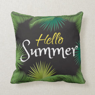 Hello Summer Tropical Palm Green Leafs Beach party Throw Pillow