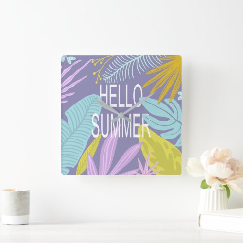 Hello Summer Tropical Purple Square Wall Clock