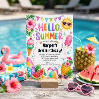 Hello Summer Tropical Summer Birthday Invitation