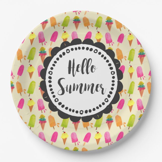Hello Summer Typography Popsicles and Ice Cream Paper Plates (Front)