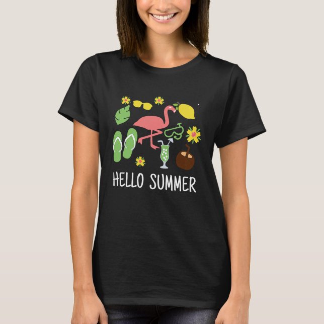 Hello Summer Vacation Flamingo Flip Flop Beach Lov T-Shirt (Front)