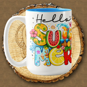 Hello summer vibes tropical fruits Two-Tone coffee mug