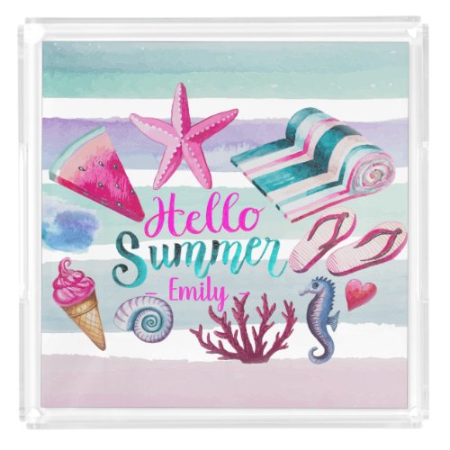 Hello Summer Watercolor Monogram Beach Stripes Acrylic Tray