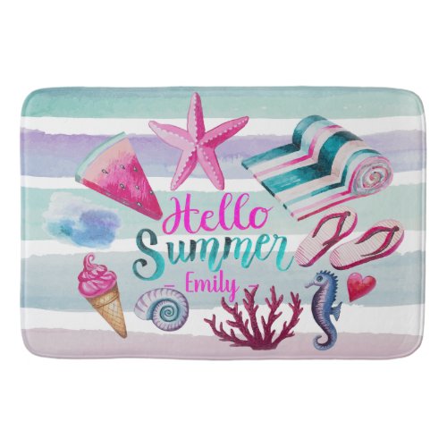 Hello Summer Watercolor Monogram Beach Stripes Bath Mat
