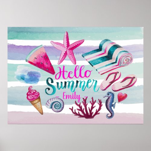 Hello Summer Watercolor Monogram Beach Stripes Poster