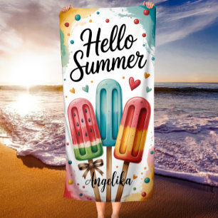 Hello Summer Watercolor Popsicles Colorful Summer  Beach Towel