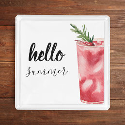 Hello Summer Watercolor Red Cherry Cocktail Acrylic Tray