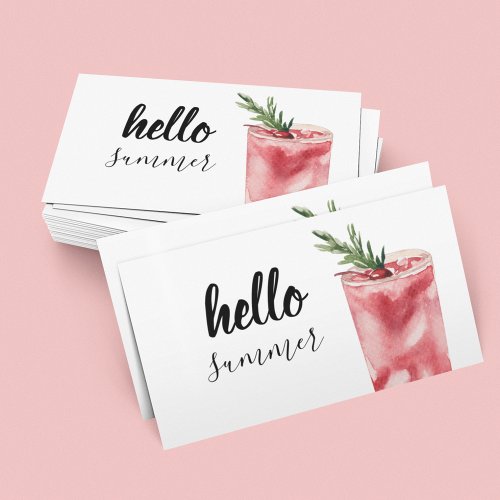 Hello Summer Watercolor Red Cherry Cocktail Business Card