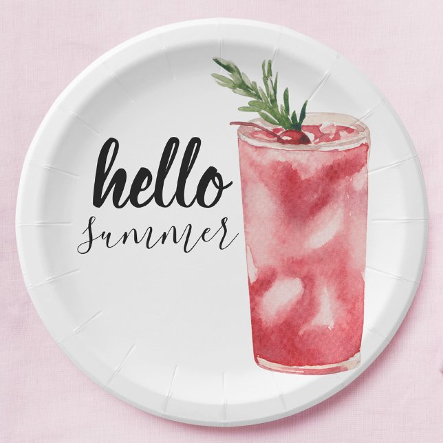 Hello Summer Watercolor Red Cherry Cocktail Paper Plates (Creator Uploaded)