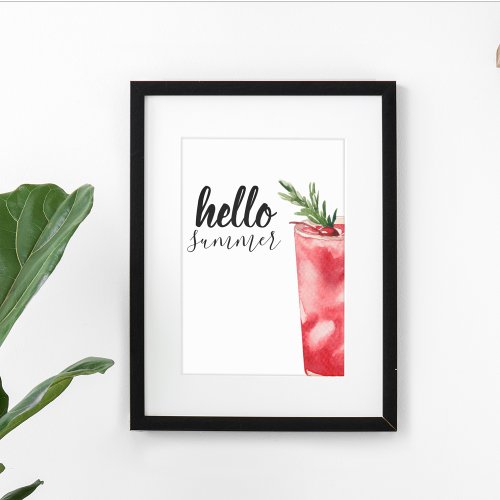 Hello Summer Watercolor Red Cherry Cocktail Poster