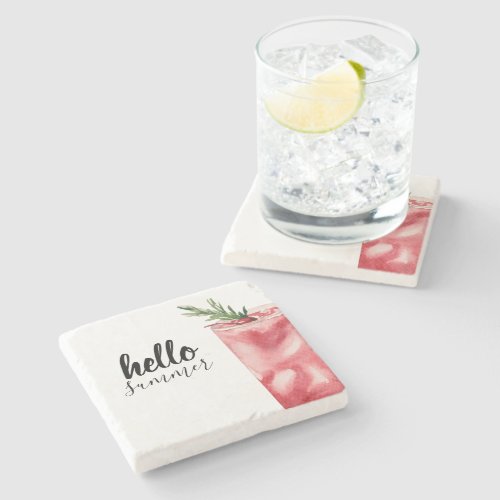 Hello Summer Watercolor Red Cherry Cocktail Stone Coaster
