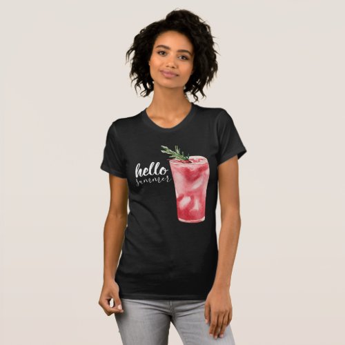 Hello Summer Watercolor Red Cherry Cocktail T_Shirt