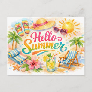 Hello Summer Watercolor Tropical Beach Postcard