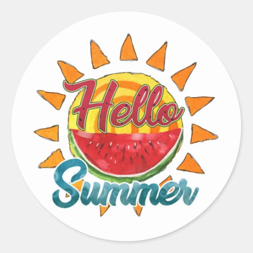 Hello Summer Watercolor Watermelon and Sun Classic Round Sticker