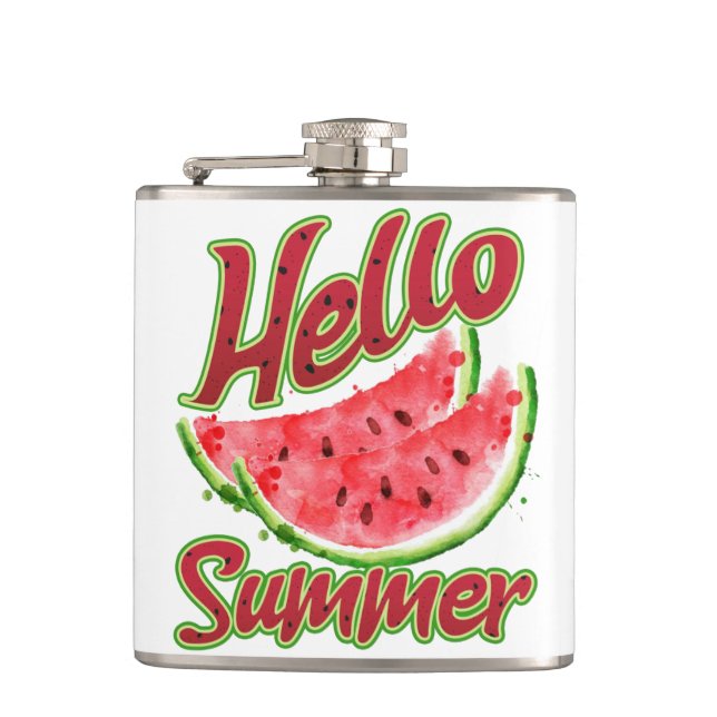 Hello Summer | Watercolor Watermelon Design Flask (Front)
