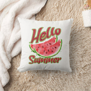 Hello Summer Watercolor Watermelon Design Throw Pillow