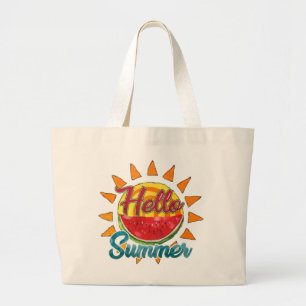Hello Summer Watercolor Watermelon & Vibrant Sun Large Tote Bag