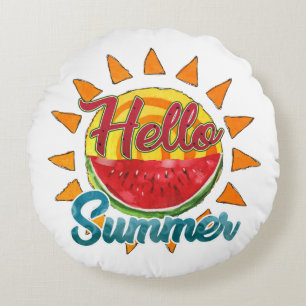 Hello Summer Watercolor Watermelon & Vibrant Sun Round Pillow