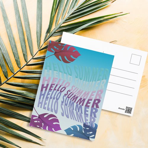 Hello Summer Wavy Typography With Tropical Foliage Postcard
