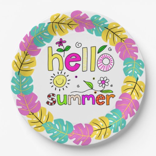 Hello Summer Word Art Tropical Palms 9 Paper Plates
