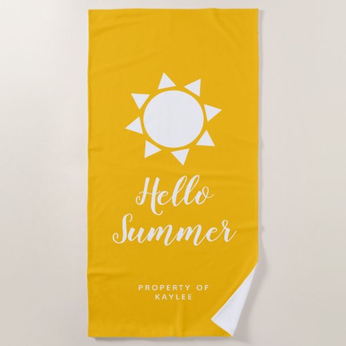 Hello Summer yellow beach towel with custom name