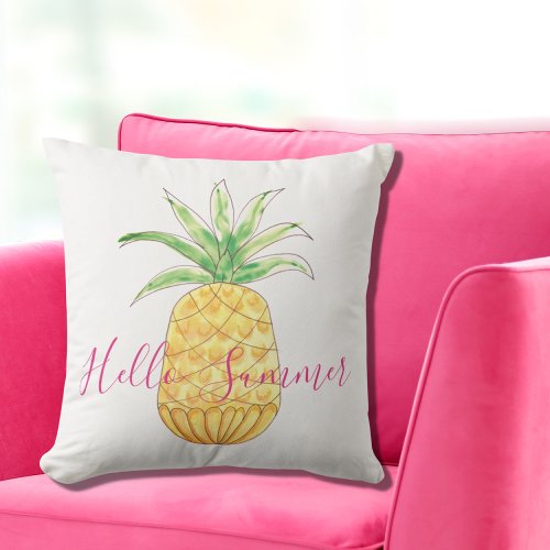 Hello Summer Yellow Pineapple Pink Watercolor Throw Pillow