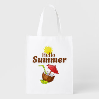Hello Summer Yellow Sun Coconut Red Umbrella Grocery Bag