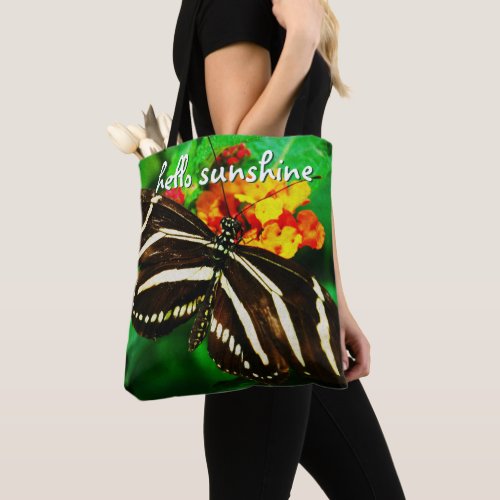 Hello Sunshine Black White Stripes Butterfly Photo Tote Bag