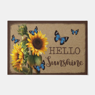 Hello Sunshine Blue Butterfly Vs Sunflower  Doormat