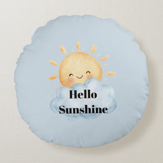 Hello Sunshine Blue Yellow Happy Sun Cloud Round Pillow (Front)